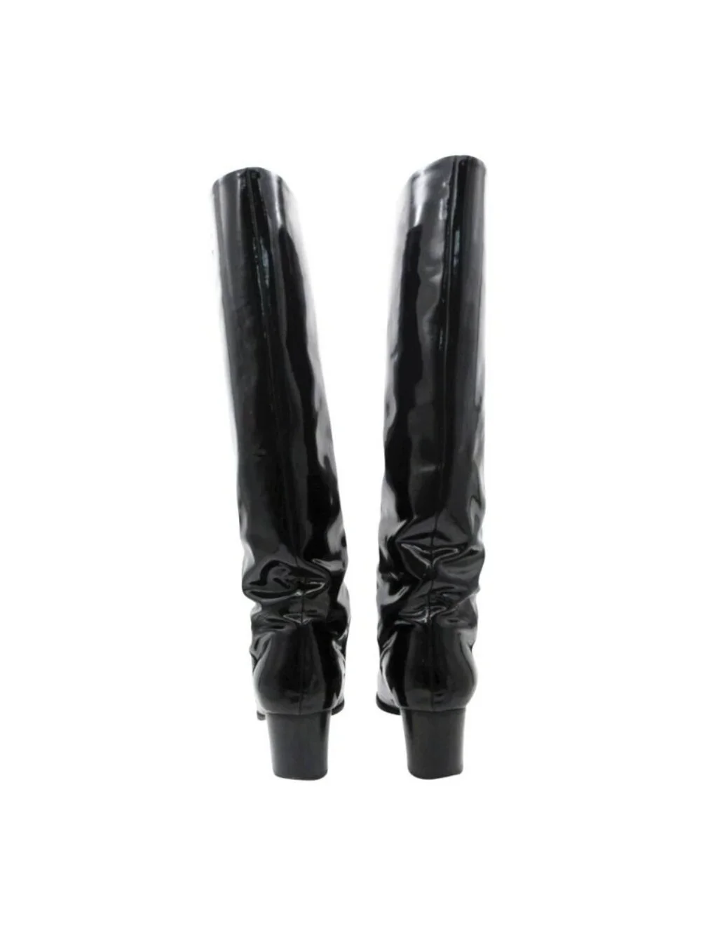 Chanel Boots Long Enamel Patent Leather CC Logo Shoes Black